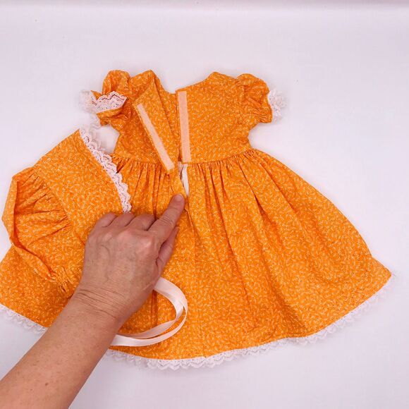 Orange w Lace Pioneer Doll Dress with Bonnet, Handmade Outfit For 18 Inch Dolls - Picture 4 of 6